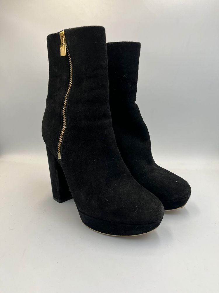 Black Suede Ankle Boots With Gold Zipper
